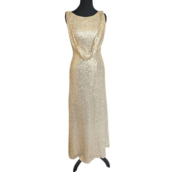 Gold Sequin Evening Gown Dress Cowl Draping Back & Zip Up Back Aleena Grace Sz 4 - Picture 13 of 14